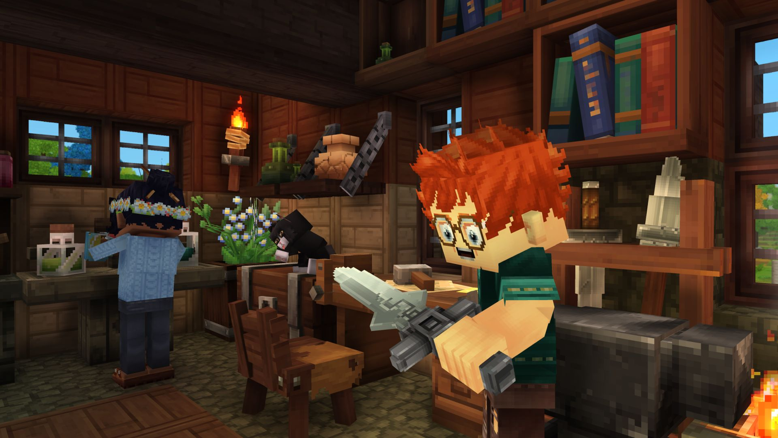 A sword and a workbench inside a wooden workshop.