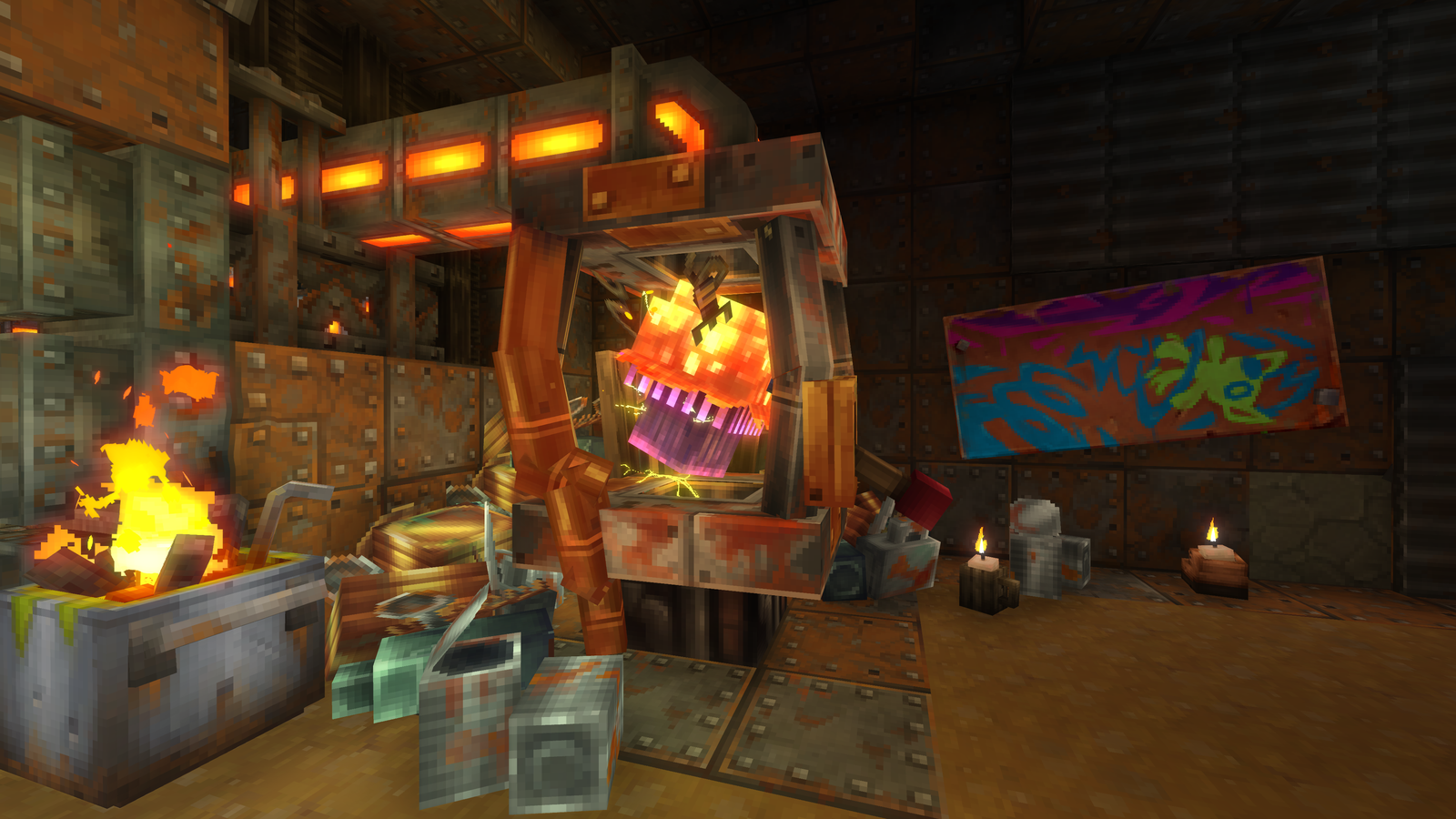 Glowing suspended machinery and scrap-metal fixtures inside the Goblin Lab