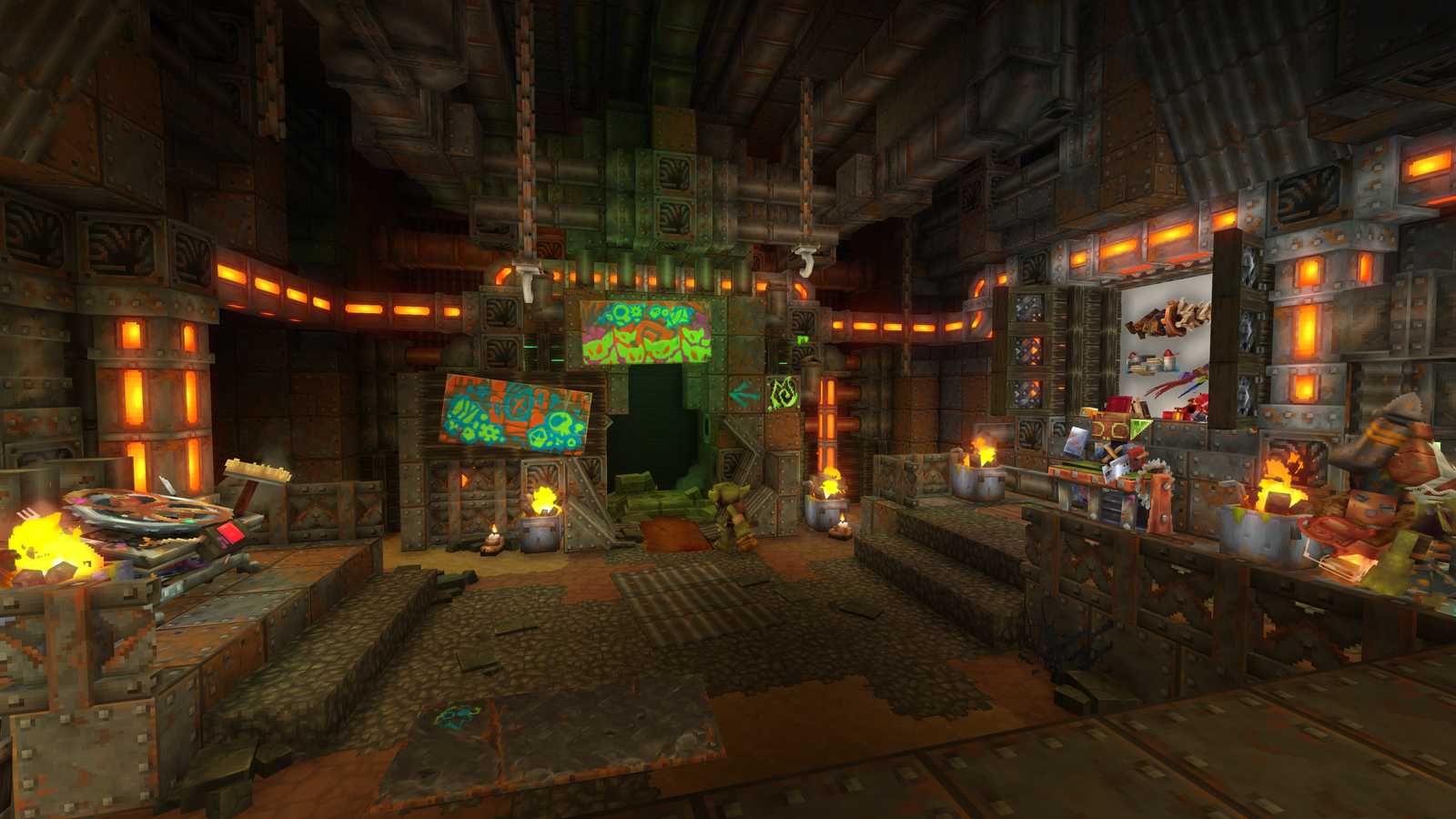 Orange-lit Goblin Lab with pipes, machinery, signs and a workbench