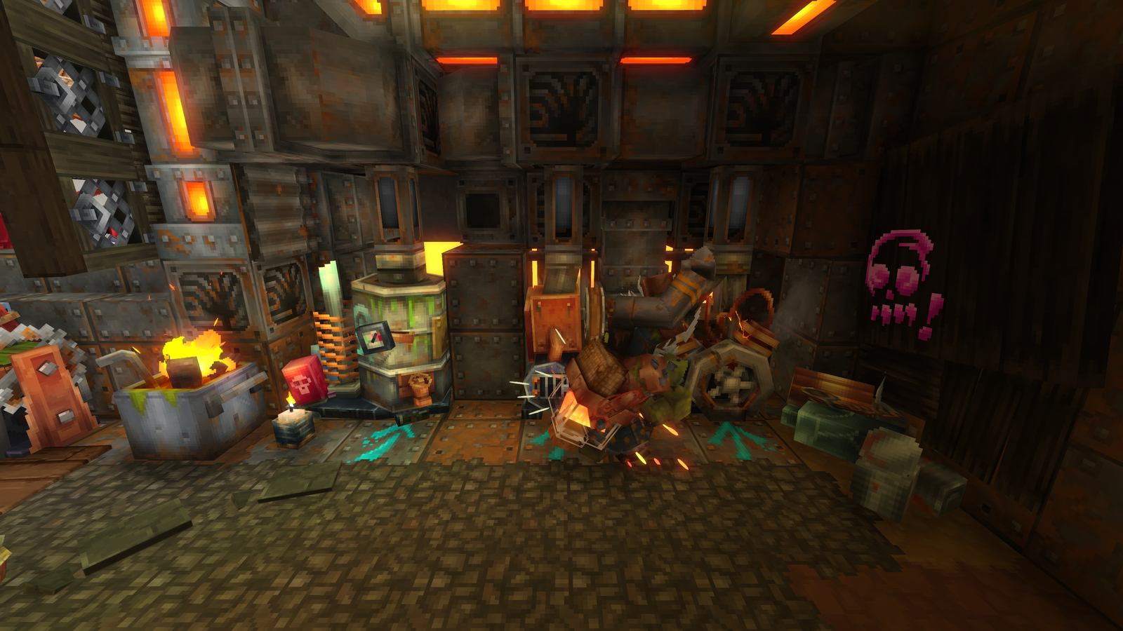 A goblin at a cluttered work area beneath orange pipes in the Goblin Lab