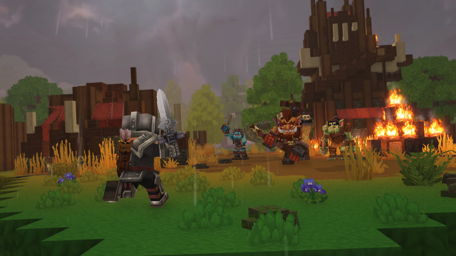 An armoured adventurer facing Trorks beside wooden camp buildings.